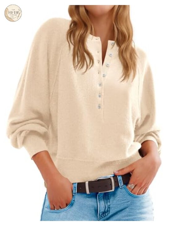 Sweaters - Womens Henley Sweater Loose Knit Pullover Long Sleeve Button Crew Neck